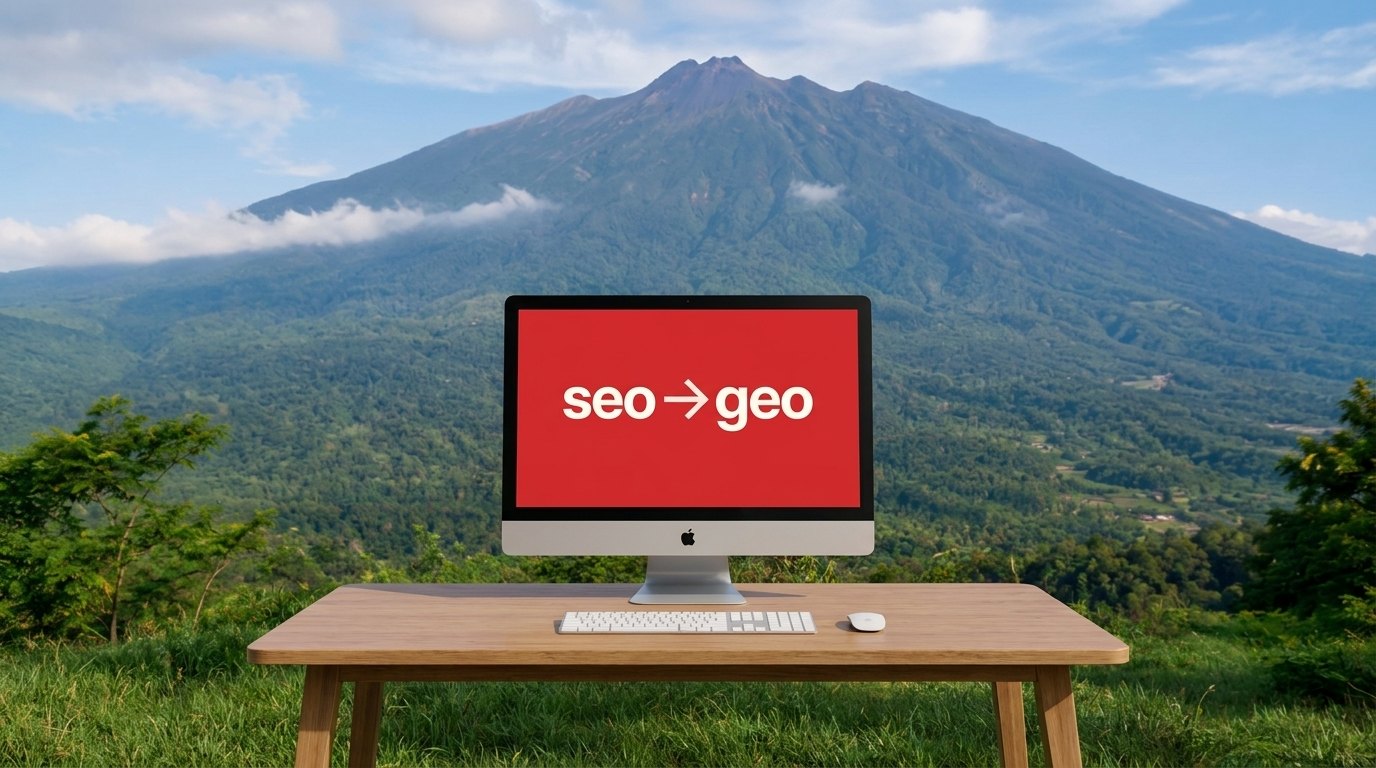 A desk in front of a mountain with a screen showing the seo → geo logo